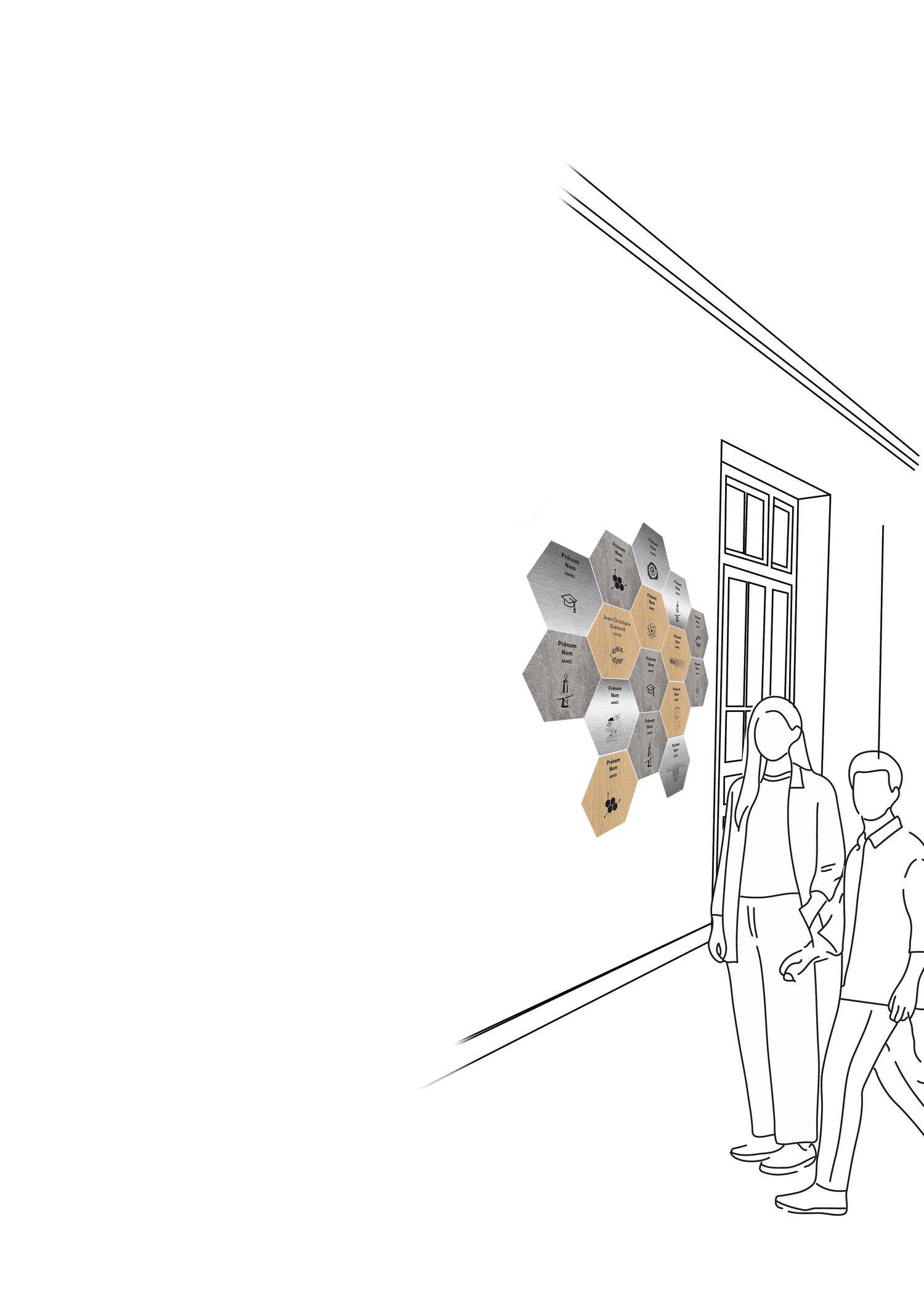 Vue d'artiste du Mur des Empreintes : tesselles hexagonales assemblées dans un hall de Mines Saint-Étienne